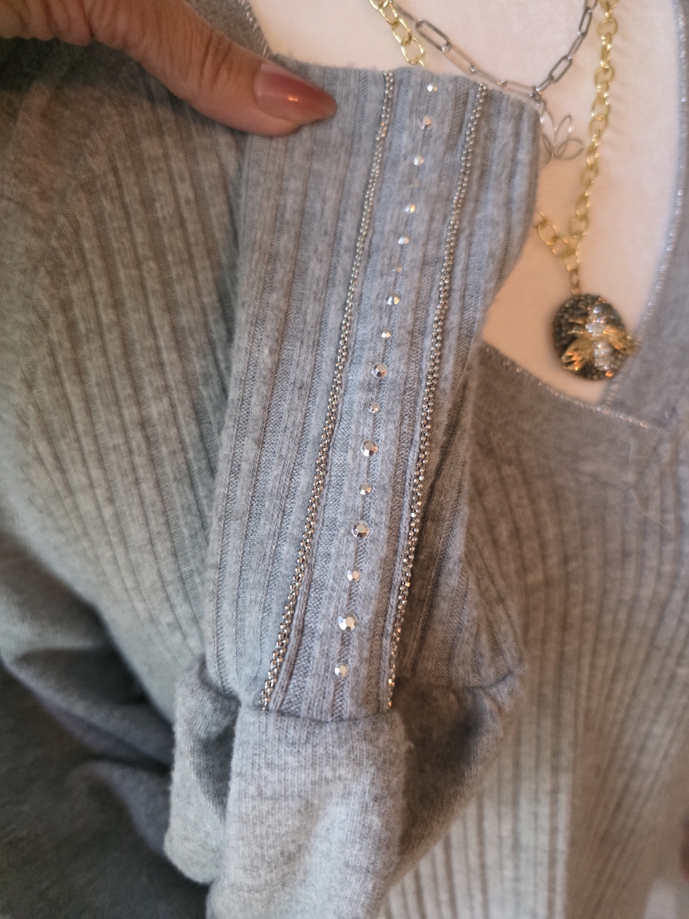 Democracy Ribbed V-Neck Sweater in Light Gray - Picture 3 of 6